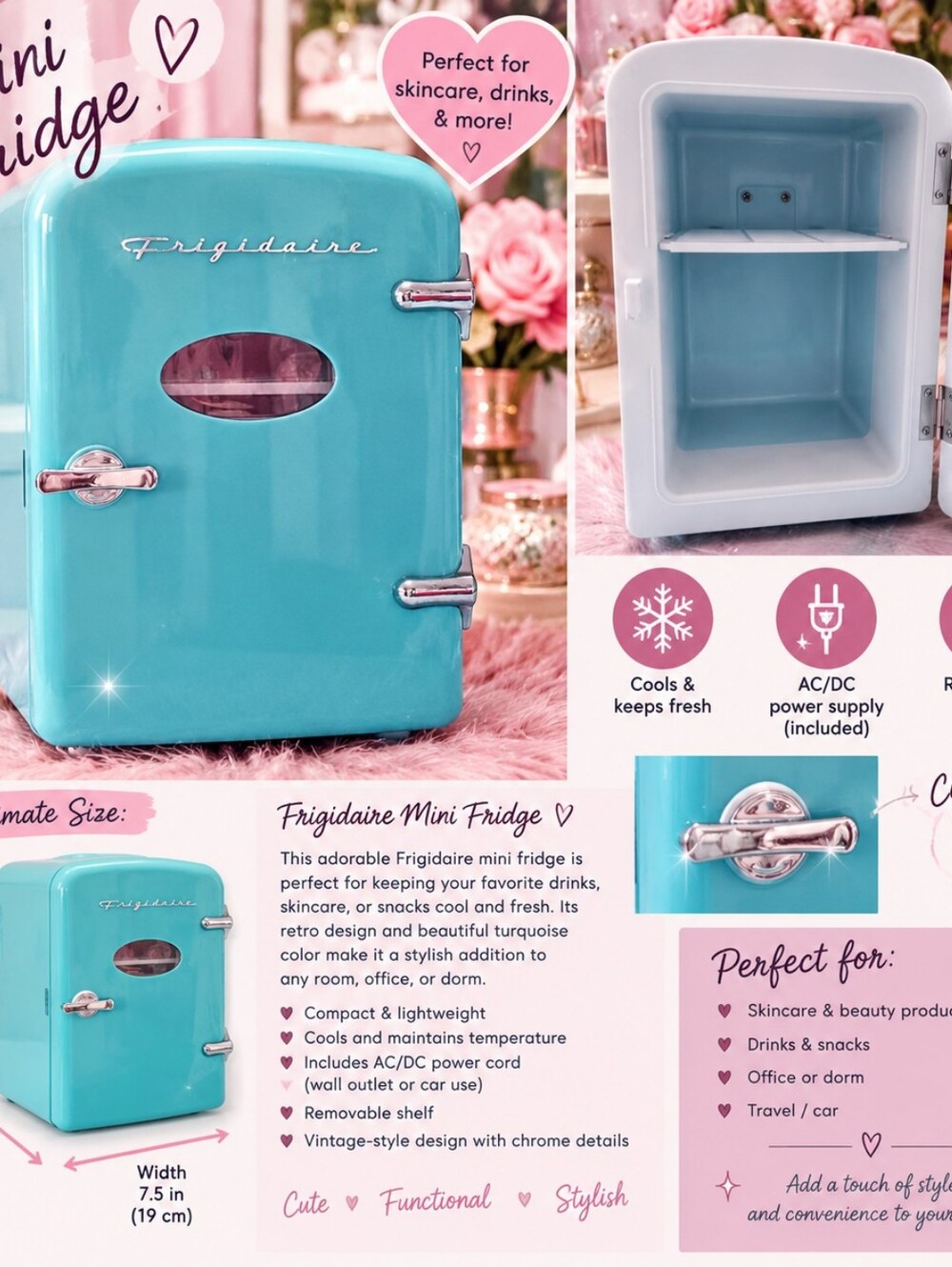 Frigidaire Turquoise Mini Fridge for Skincare & Snacks